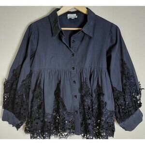 CHOKLATE PARIS Lace Trim Cotton Blouse Navy Solid Long Sleeve Women Size S